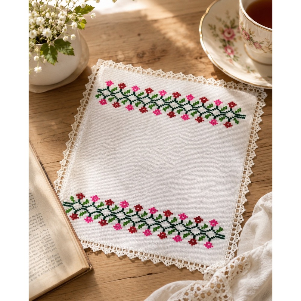 Handmade Mexican Embroidered Cloth Napkin Crochet Lace Trim Floral White 15x17.5